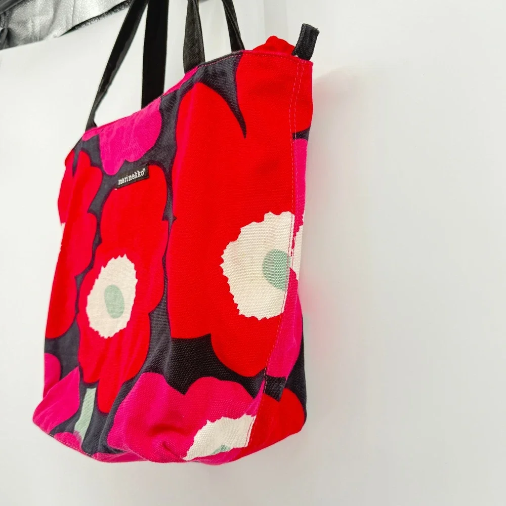 Marimekko Unikko Floral Tote Bag Womens Red Pink Canvas Zipper Shoulder Bag